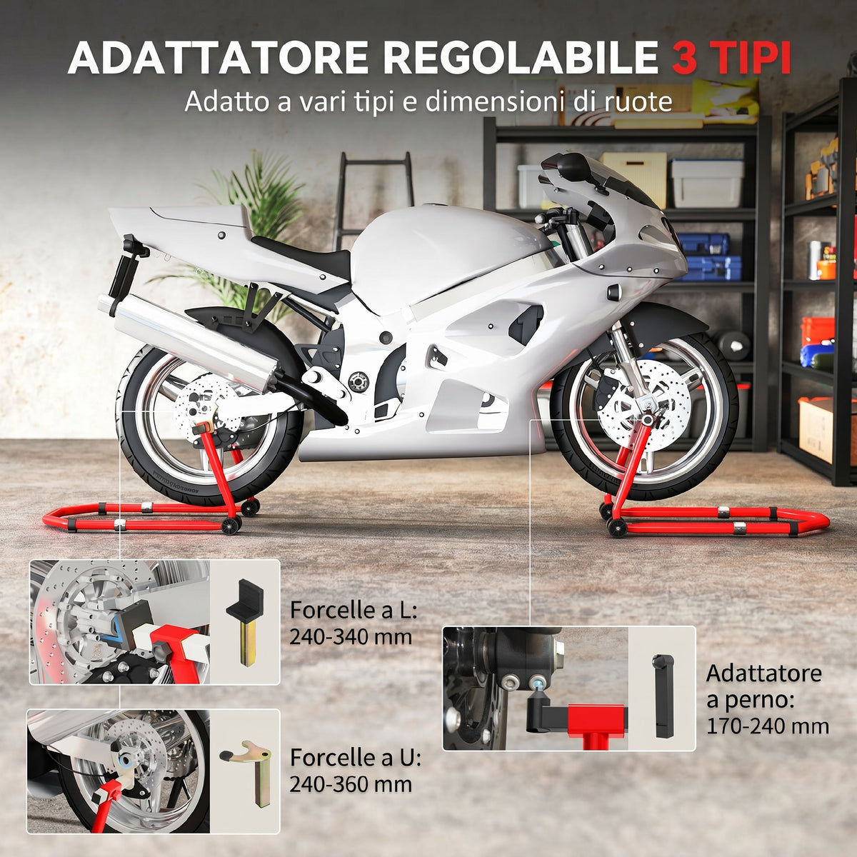 Cavalletto Moto Anteriore e Posteriore con Capacità 390 kg, Forcelle a U e L, Rotelle e Cuscinetti Antiscivolo, Rosso