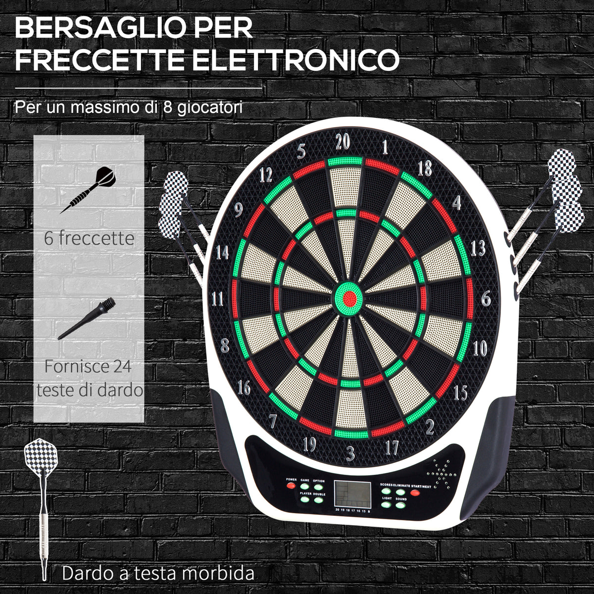 Bersaglio Freccette Elettronico in Plastica con 6 Freccette, Effetti Sonori e Visivi, 44 x 50 x 3.2cm, Nero