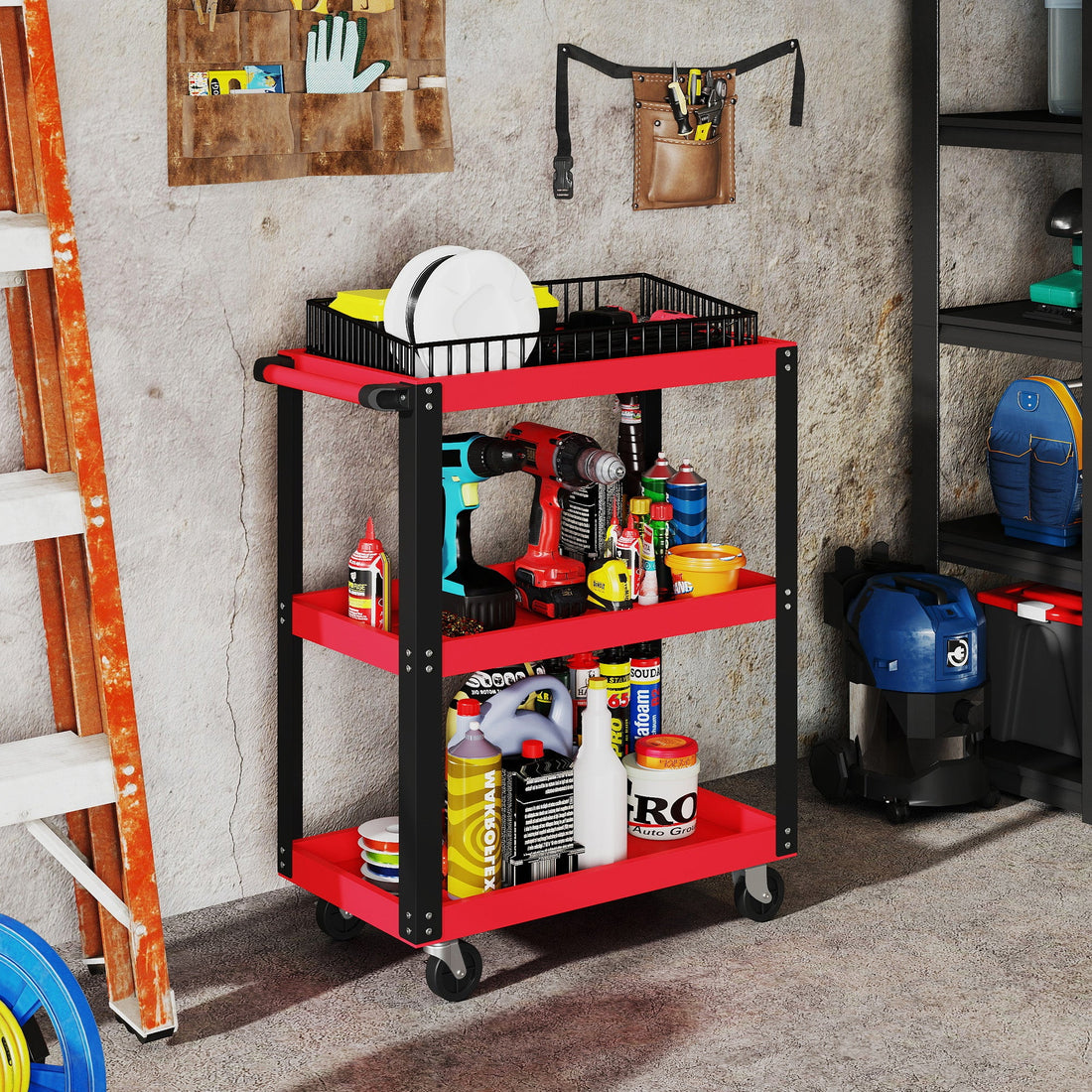 Carrello Porta Attrezzi a 3 Ripiani in Metallo e PP, 70.5x35x82.5 cm, Rosso e Nero
