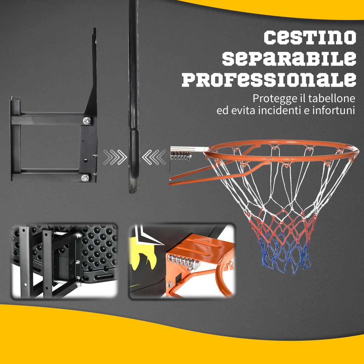 Canestro Basket per Bambini e Adulti da Indoor e Outdoor in Acciaio e PE, 110x90x70 cm, Nero e Giallo