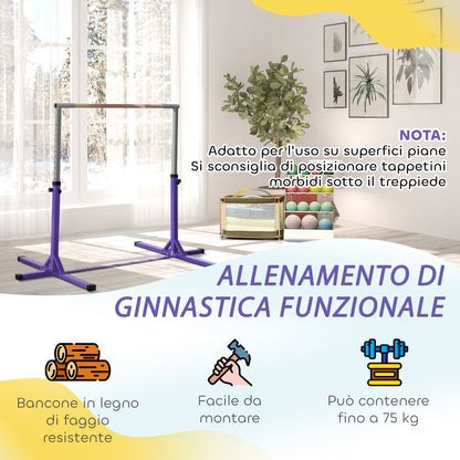 Barra da Ginnastica per Bambini 3+ Anni con Altezza Regolabile, in Acciaio e Legno Massello di Faggio, Viola