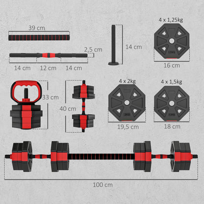 Set Pesi Palestra 6 in 1 Multifunzione da 20kg Totali in Plastica e Sabbia, 125x18x18 cm, Rosso
