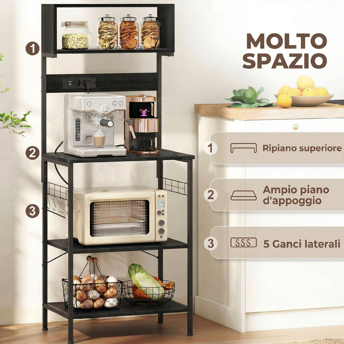 Scaffale da Cucina con Multipresa per Microonde con Ripiani e Ganci Stile Industriale, Legno e Acciaio, Nero