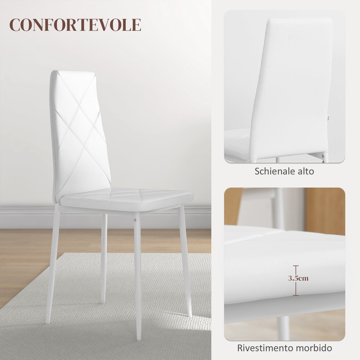 Set di 2 Sedie Moderne imbottite da Pranzo con Schienale Alto, in Pelle e Acciaio,rivestimento a polvere, 41x50x97 cm, Bianco  Italy