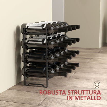 Portabottiglie a 4 Livelli a Onda Impilabili per 16 Bottiglie, in Metallo, 42.5x16.5x41 cm, Nero
