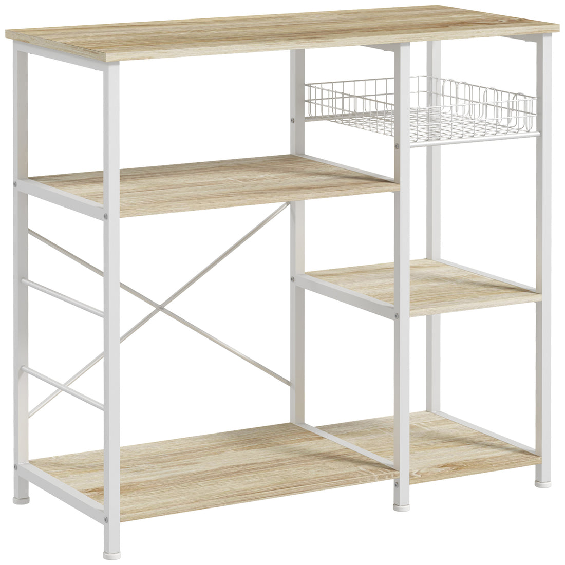 Mobile Cucina Moderno a 4 Ripiani con Cestino e Ganci in Legno e Acciaio, 90x40x84.5cm, Quercia e Bianco