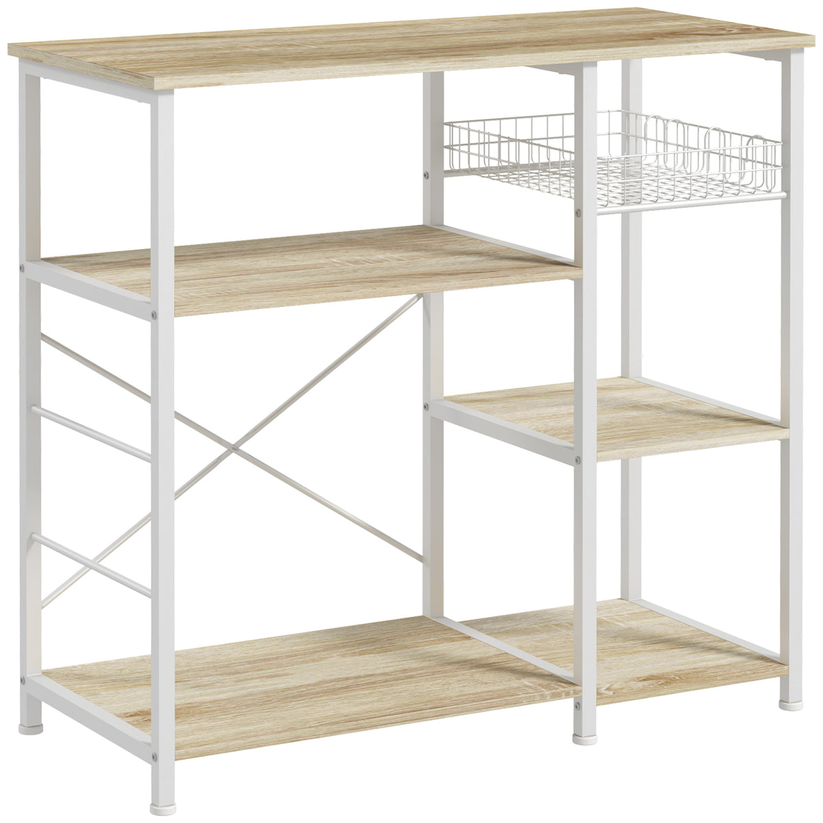 Mobile Cucina Moderno a 4 Ripiani con Cestino e Ganci in Legno e Acciaio, 90x40x84.5cm, Quercia e Bianco