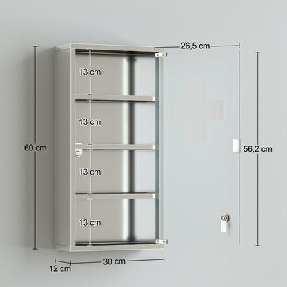 Armadietto Medicinale Cassetta Porta Medicina a Quattro Ripiani in Acciaio Inox 30 x 12 x 60cm