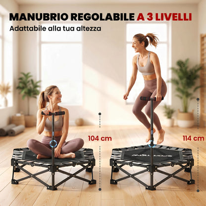 Trampolino Elastico per Adulti 104cm Richiudibile, con Sistema di Apertura Chiusura in un solo Gesto, Maniglia Regolabile e 24 Molle Bungee, Nero