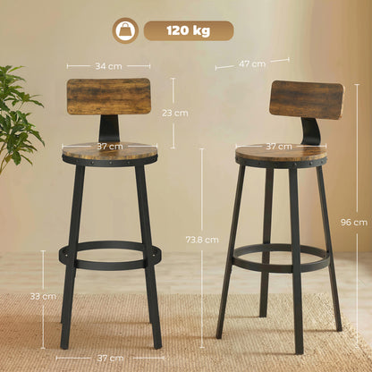 Set 2 Sgabelli da Bar Stile Rustico con Poggiapiedi, in Legno e Metallo, 37x47x96 cm, Marrone
