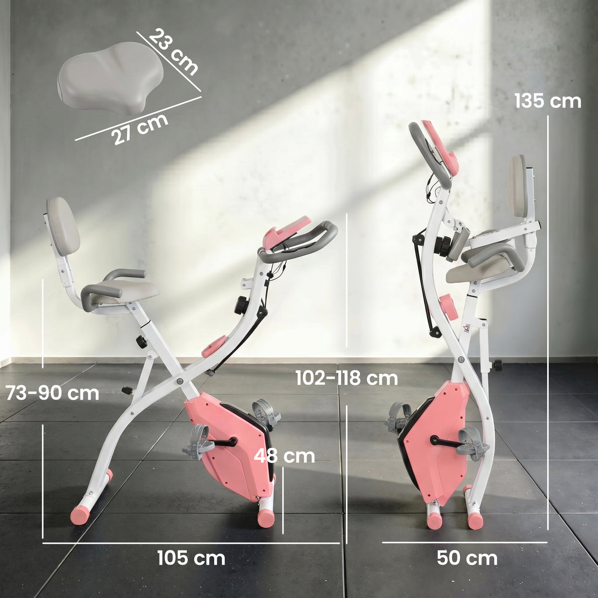 Cyclette Pieghevole 2 in 1, Resistenza Magnetica Regolabile 8 Livelli, Cyclette da Casa Silenziosa con Sensore Cardiaco, Sedile Regolabile, Bande Elastici, Schermo LCD, Ruote, Rosa