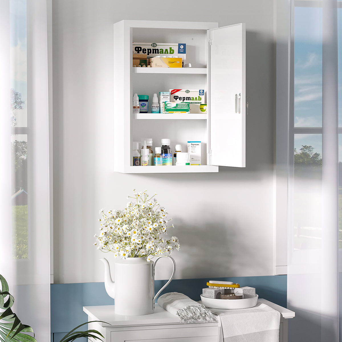 Armadietto Medicinali a 3 Ripiani in Acciaio Inox con 2 Chiavi e Montaggio a Parete, 30x14x46 cm, Bianco