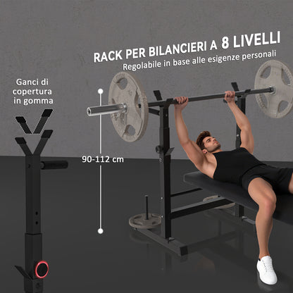 Panca Pesi Pieghevole con 8 Altezze Regolabili e Supporto Bilanciere in Acciaio e PU, 140x73x98-122 cm, Nera