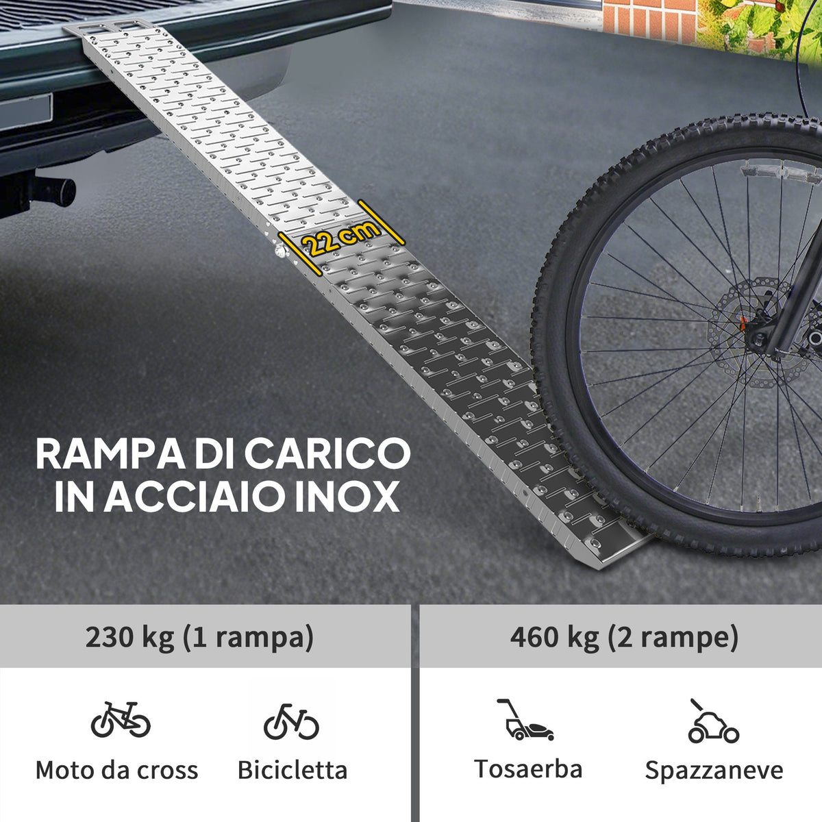 Rampa di Carico Pieghevole e Antiscivolo per Moto con Cinghia di Sicurezza, Acciaio, Argento