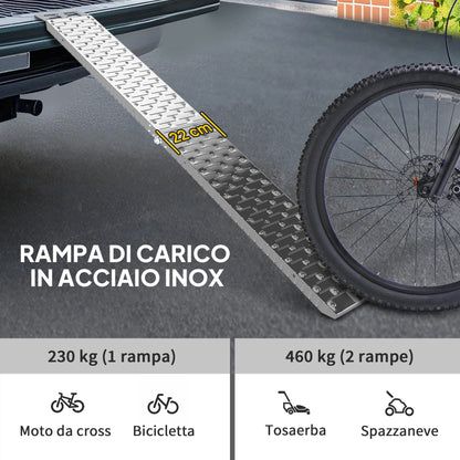 Rampa di Carico Pieghevole e Antiscivolo per Moto con Cinghia di Sicurezza, Acciaio, Argento