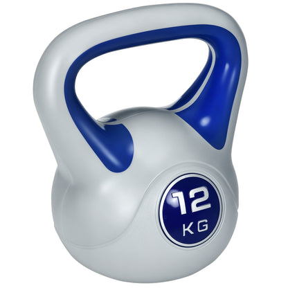 Kettlebell 12kg in PU e Sabbia con Base Piatta e Impugnatura per Stacchi, Squat e Sollevamenti, 24x17x28 cm, Blu