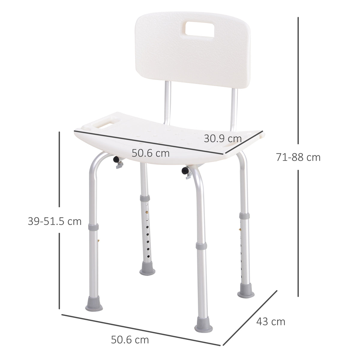 Sedia Doccia Antiscivolo e Regolabile con Fori di Drenaggio e Ventose, in Plastica e Alluminio, 50.6x43x71-88 cm