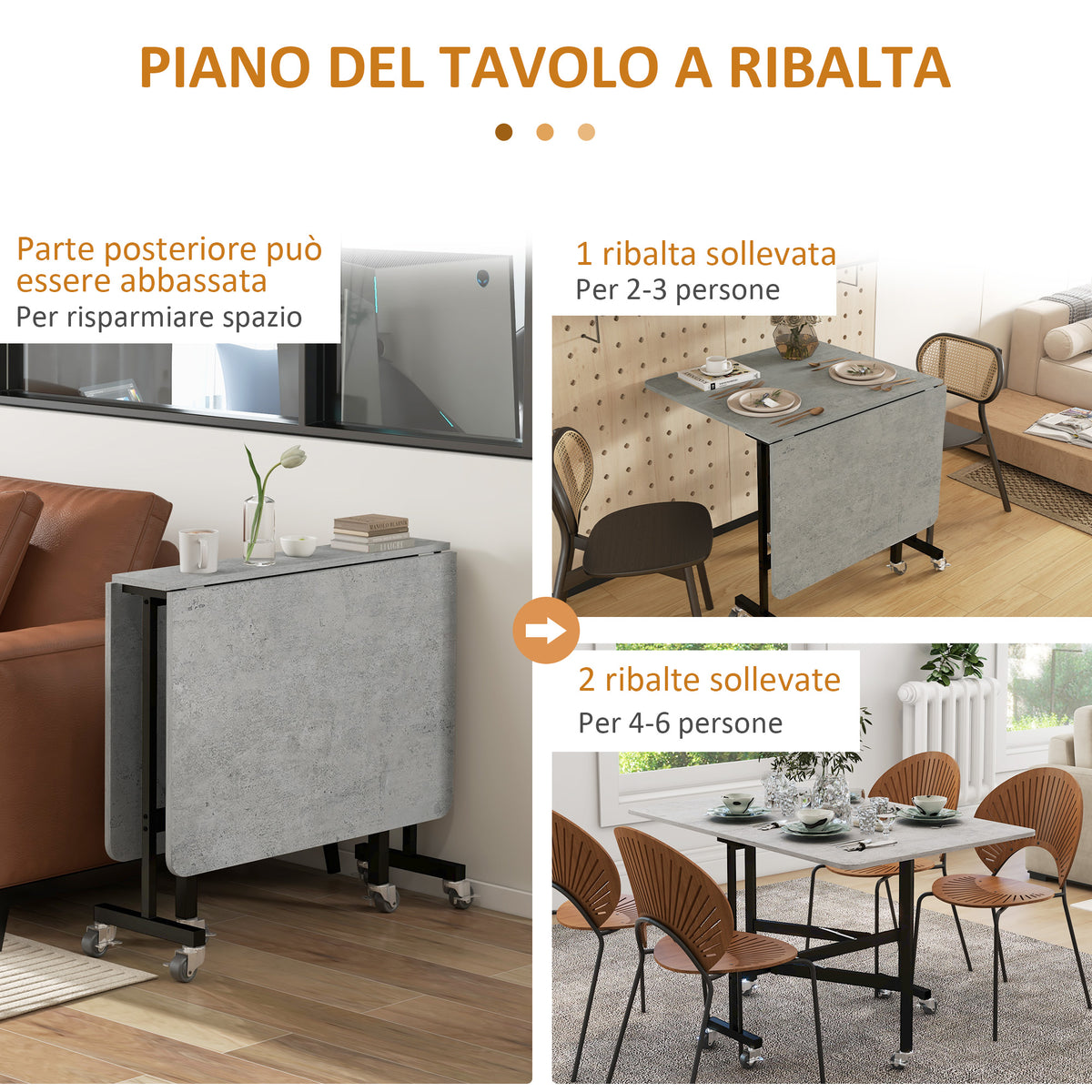 Tavolo Pieghevole a Ribalta per 4-6 Persone con 6 Rotelle, in Legno e Acciaio, 120x80x73 cm, Grigio
