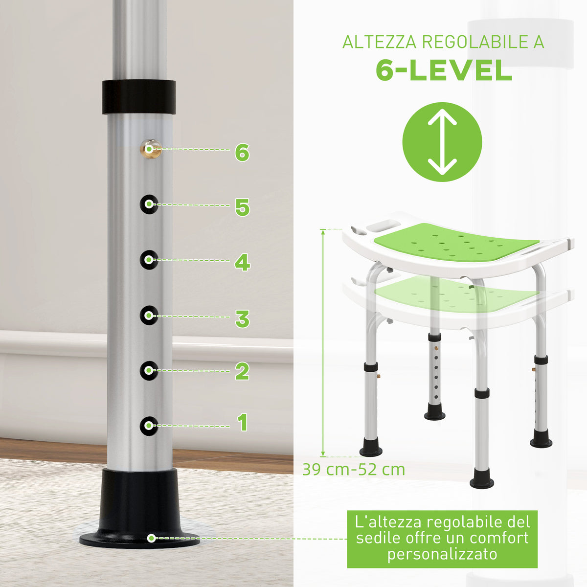 Sgabello da Doccia in Lega di Alluminio e Plastica Antiscivolo, Altezza Regolabile 6 Livelli 39-52cm, Verde