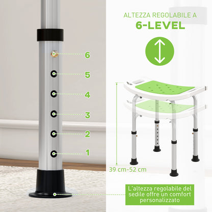 Sgabello da Doccia in Lega di Alluminio e Plastica Antiscivolo, Altezza Regolabile 6 Livelli 39-52cm, Verde