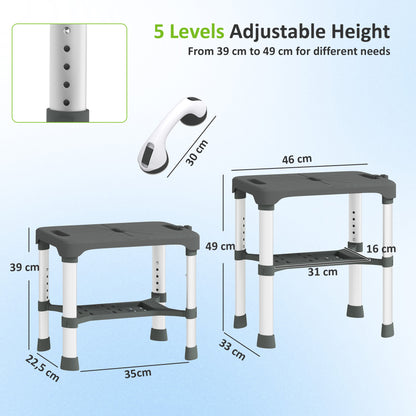 Sgabello per Doccia in Alluminio con Mensola Integrato, Altezza Regolabile 5 Livelli, Portata 150kg, Grigio