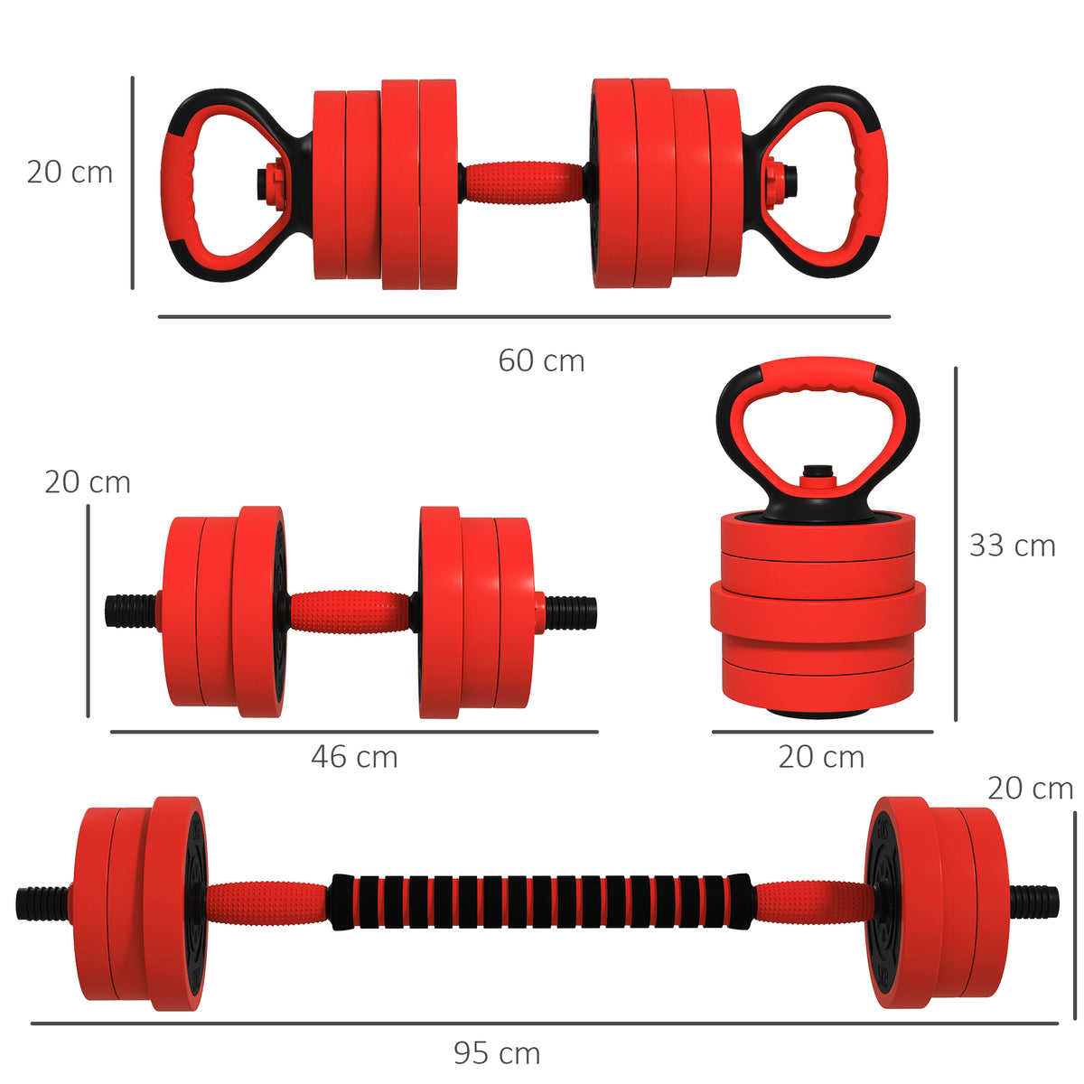 Set Pesi da Palestra 4 in 1 da 20kg, Convertibile in Kettlebell, 2 Manubri, Bilanciere e Supporto Flessioni, Rosso