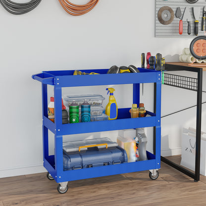 Carrello Porta Attrezzi a 3 Livelli in Acciaio con Bordi Alti e 4 Ruote Girevoli, 83x35.3x76 cm, Blu