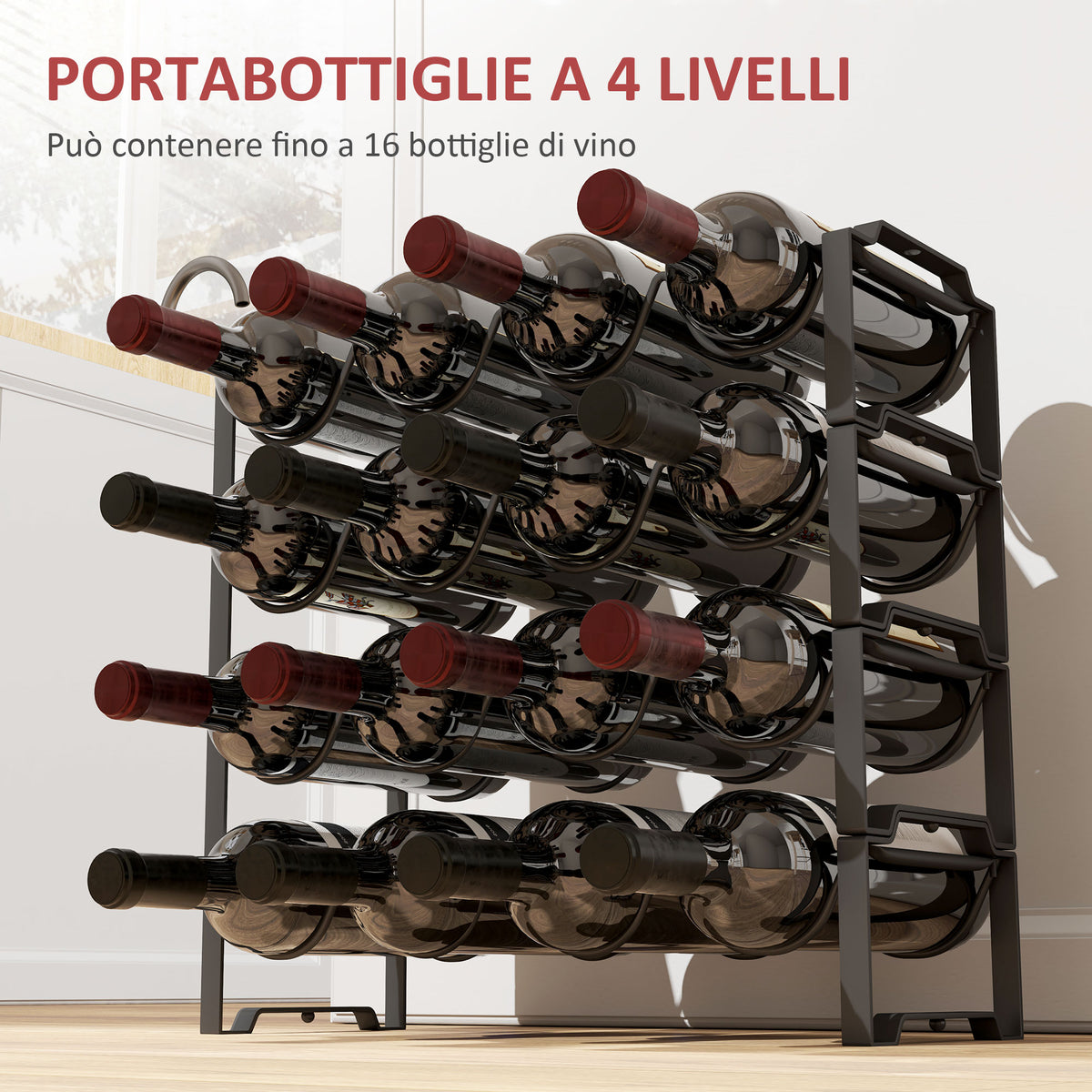 Portabottiglie a 4 Livelli a Onda Impilabili per 16 Bottiglie, in Metallo, 42.5x16.5x41 cm, Nero