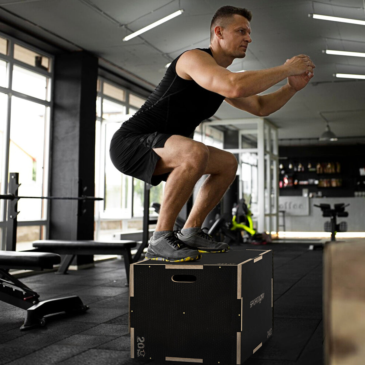 Box Jump Pliometrico a 3 Altezze in Legno Antiscivolo, 76-61-51cm, Nero