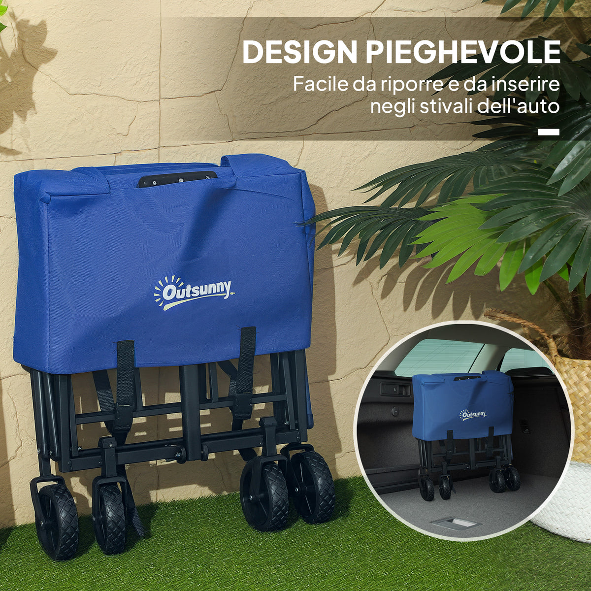Carrello da Giardino 62L Pieghevole con Maniglia Regolabile, in Metallo e Tessuto Oxford, 76x48x86 cm, Blu