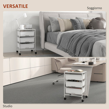 Carrello Multiuso con 3 Cestini Estraibili e Ruote per Cucina e Ufficio in Acciaio e PP, Bianco