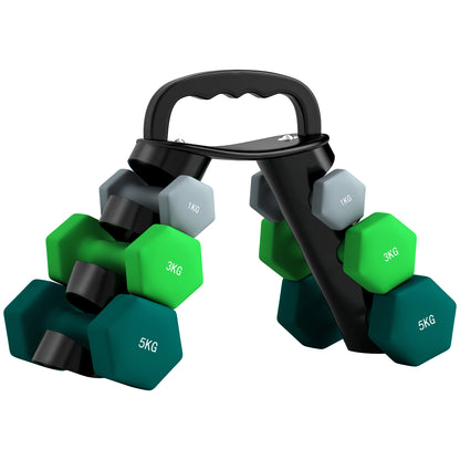 Set Manubri con Supporto, 3 Coppie di Pesi da 2 x 1 kg, 2 x 3 kg, 2 x 5 kg, Multicolore