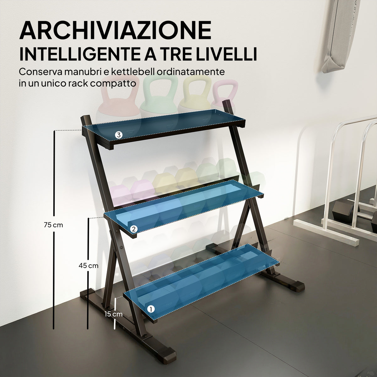 Porta Pesi a 3 Livelli in Acciaio, Capacità 200 Kg, 88x66x88 cm, Nero