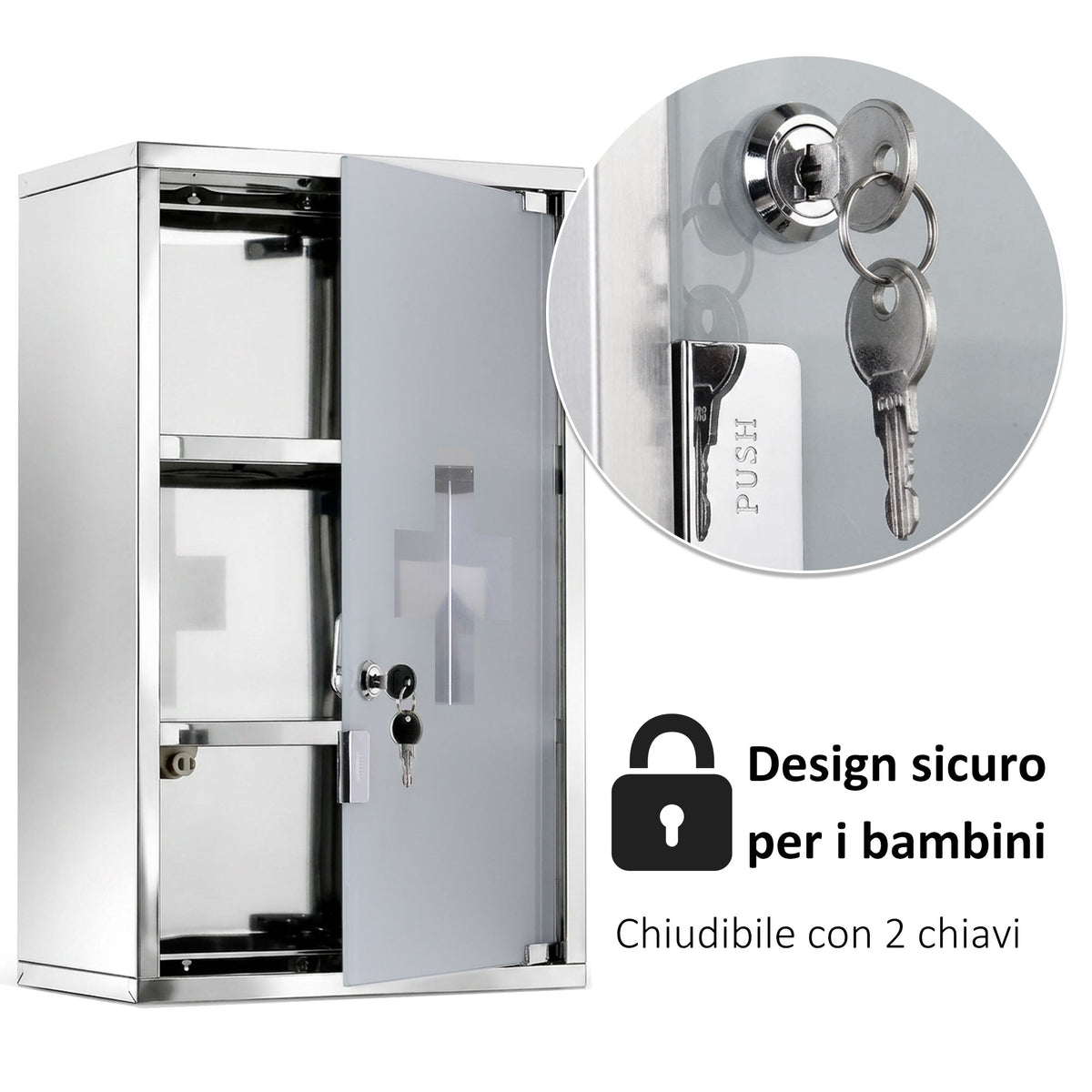 Armadietto medicinali 50x30x18cm Cassetta mobile bagno primo soccorso in acciaio inox con serratura