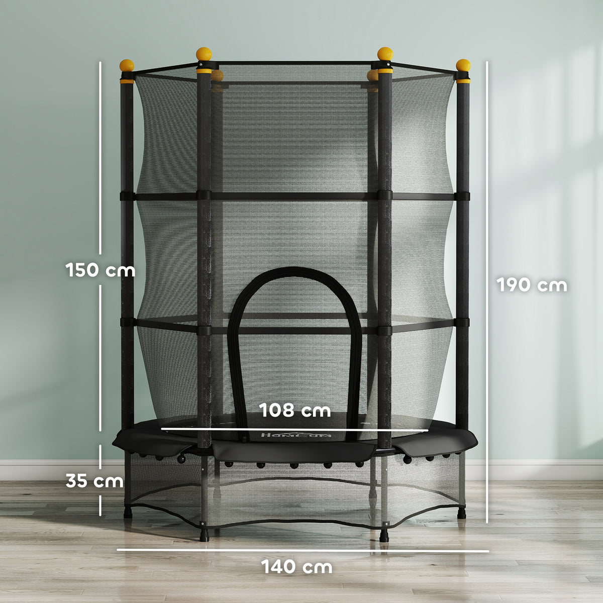 Tappeto Elastico per Bambini con Rete di Sicurezza e Pali Imbottiti Età 3-10 Anni, 140 x 190 cm, Nero