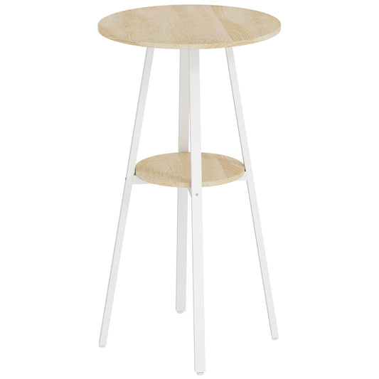 Tavolo Alto Rotondo con Mensola, Tavolo Moderno per Cucina o Sala da Pranzo, per 2 Persone, Naturale e Bianco