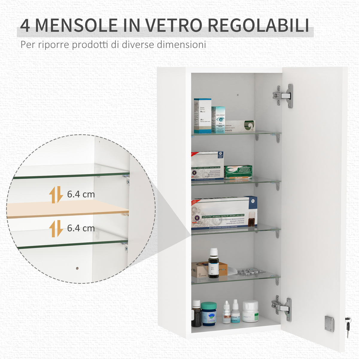 Armadietto Medicinali a Muro con Serratura, 5 Ripiani e Mensole Regolabili, in Legno e Vetro, Bianco, 30x20x70cm