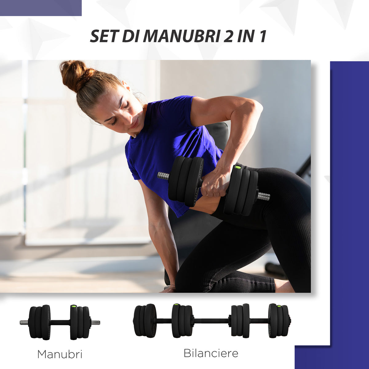 Set 2 in 1 con 2 Manubri Convertibili in Bilanciere, Peso Totale 20 kg e Dischi Pesi Regolabili, Nero