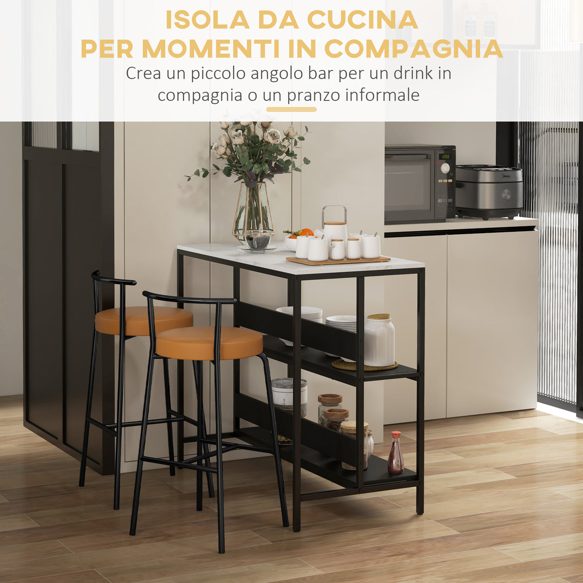 Isola da Cucina con Mensole, Piano Effetto Marmo e Struttura in Metallo, 100x50x90cm, Nero e Bianco