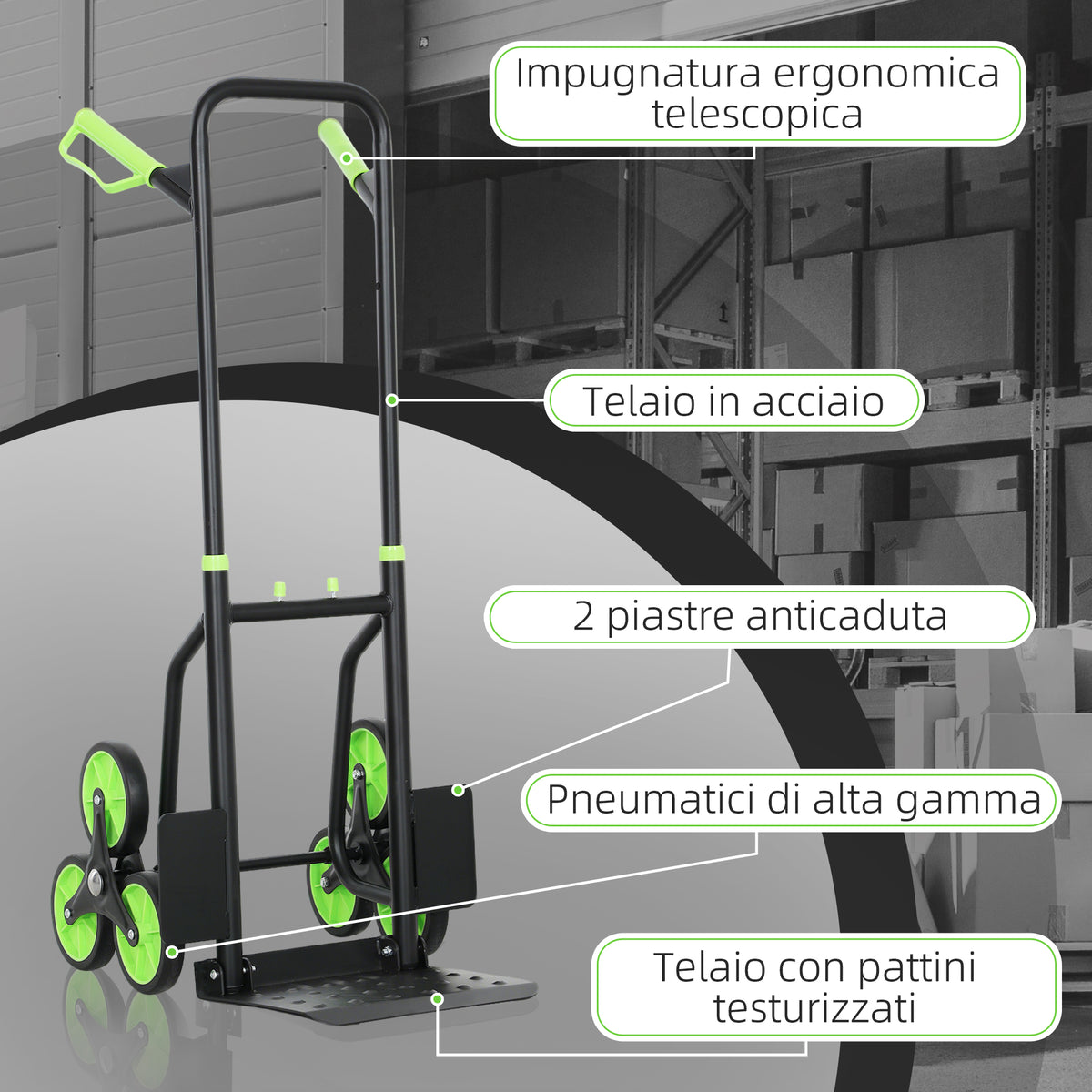 Carrello Portapacchi per Scale 6 Ruote, Pieghevole, Portata 120kg, in Acciaio, per Trasloco, Giardinaggio, Verde