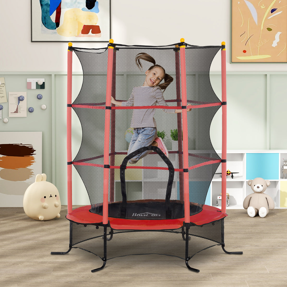 Trampolino Elastico per Bambini 1.6x1.9 m con Rete di Sicurezza e Pali Imbottiti, Età 3-10 Anni, Rosso