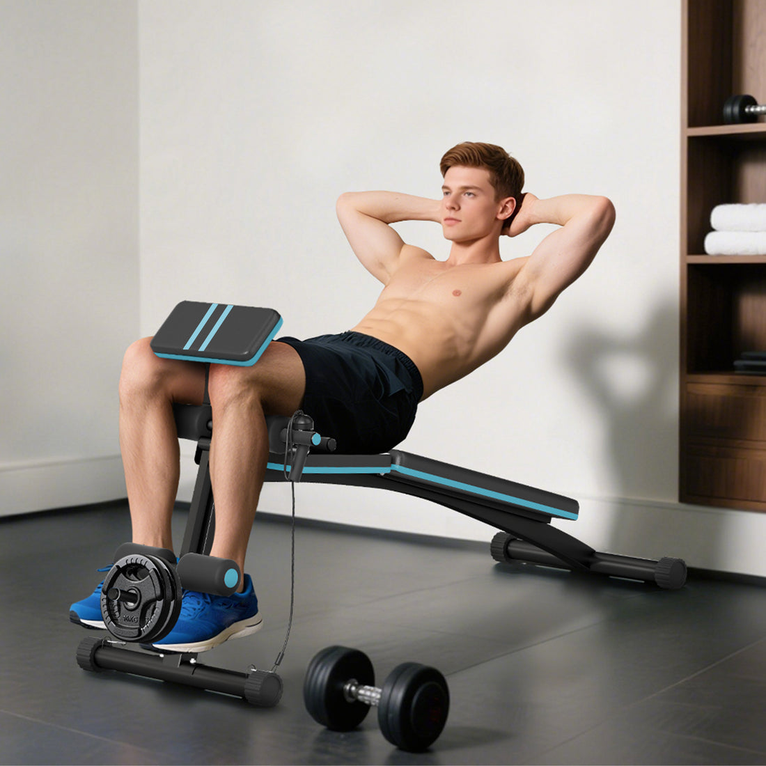 Panca Multifunzione Pieghevole con Schienale Regolabile a 7 Livelli, Leg Extension, Cuscinetto ed Elastici, Blu