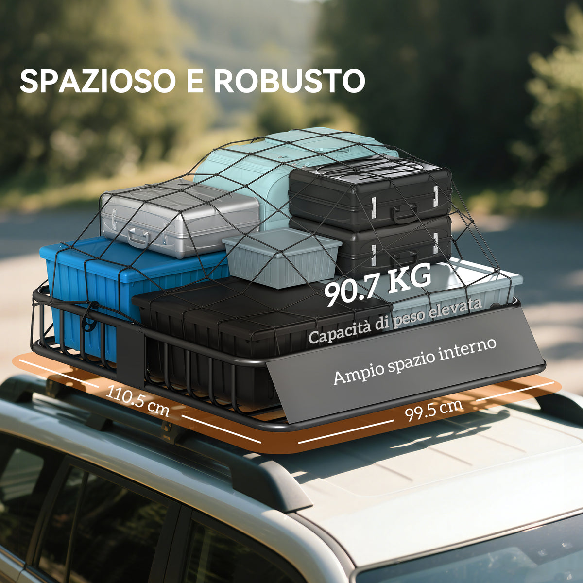 Portapacchi per Auto in Acciaio da 90.7 kg con Deflettori e Guide Laterali, 110.5x99.5x18.5 cm, Nero