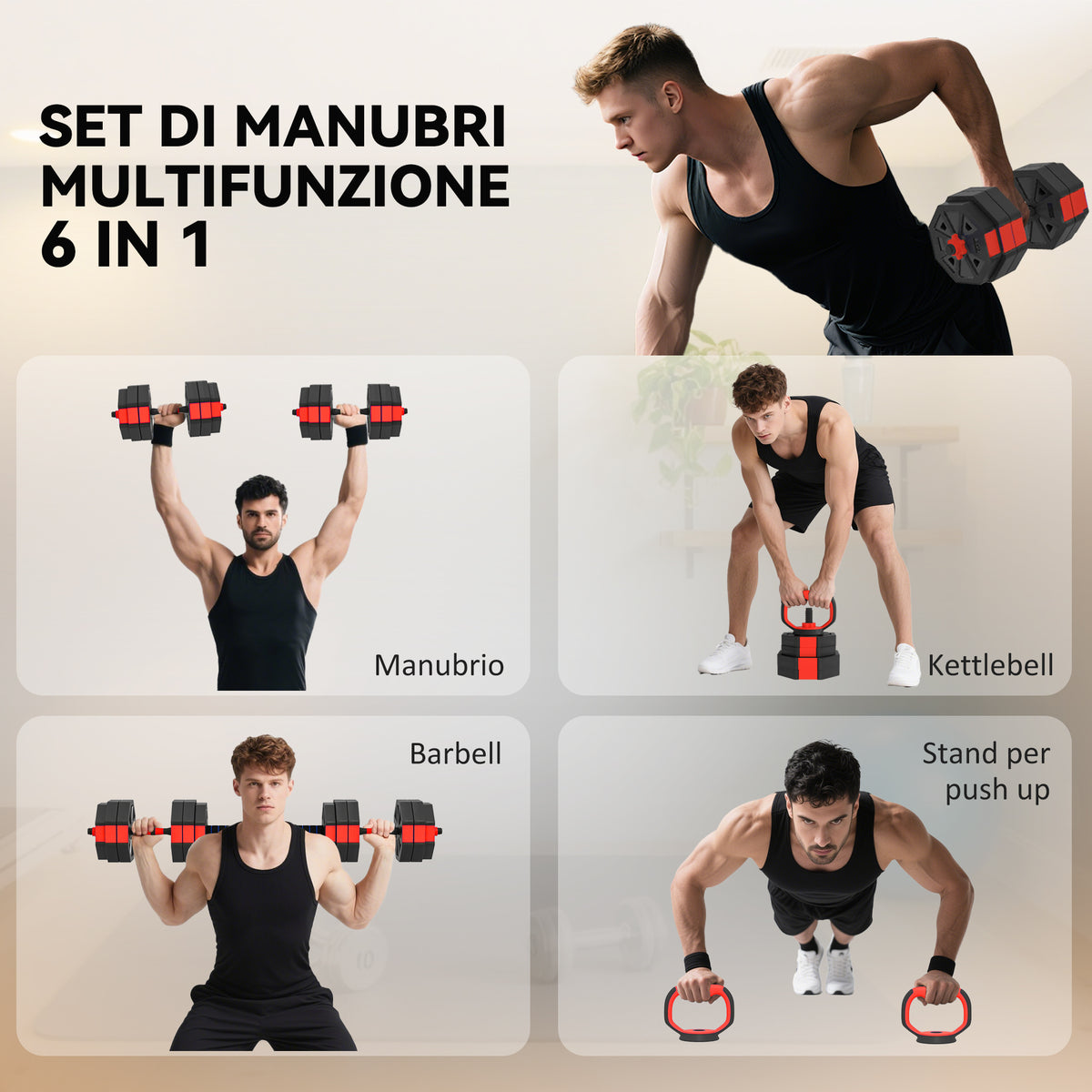 Set Pesi da Palestra 6 in 1 da 30kg, Convertibile in Kettlebell, 2 Manubri, Bilanciere e Supporto Flessioni, Rosso