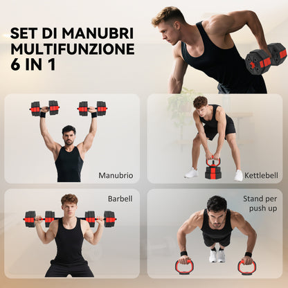 Set Pesi da Palestra 6 in 1 da 30kg, Convertibile in Kettlebell, 2 Manubri, Bilanciere e Supporto Flessioni, Rosso