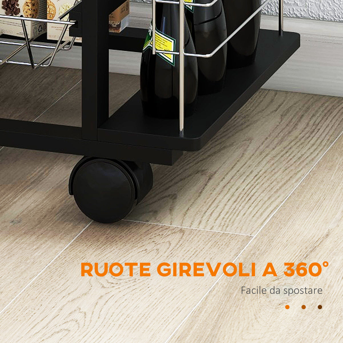 Carrello da Cucina con Cassetto, 4 Cesti di Frutta Estraibili e Piano in Ceramica, Carrello Cucina Salvaspazio con 4 Ripiani Laterali in Legno di Pino e Metallo, 57x37x83 cm, Nero
