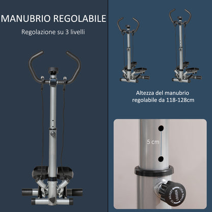 Stepper con Manubrio Regolabile, Monitor LCD ed Elastici, 55x53x118-128cm, Nero