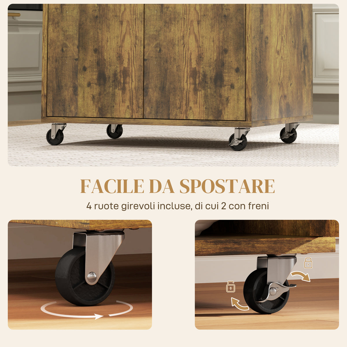 Carrello da Cucina con Cassetto, Armadietto e 4 Ruote in Legno, 60x40x77cm, Marrone Rustico