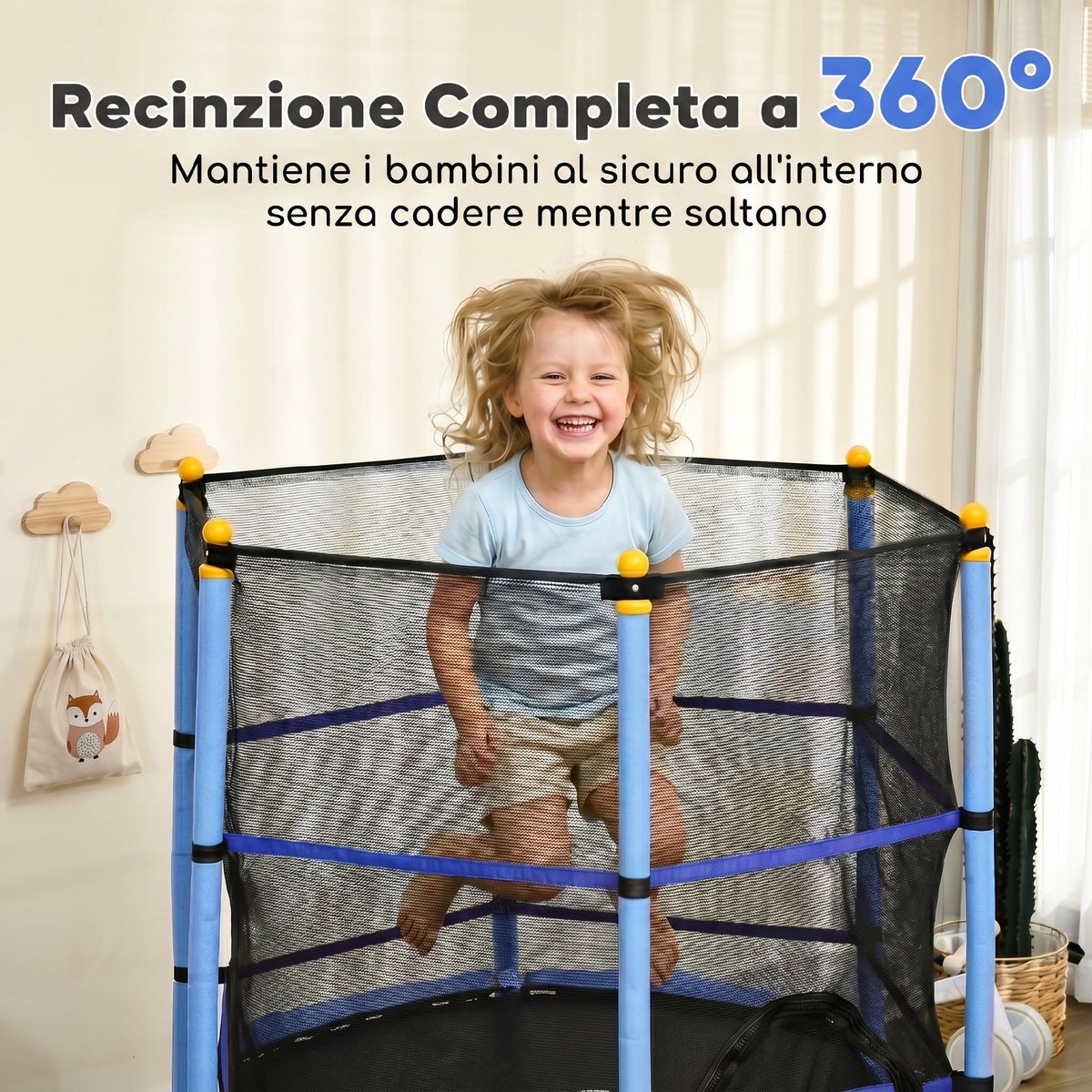 Trampolino Elastico per Bambini 1.6x1.9 m con Rete di Sicurezza e Pali Imbottiti, Età 3-10 Anni, Blu