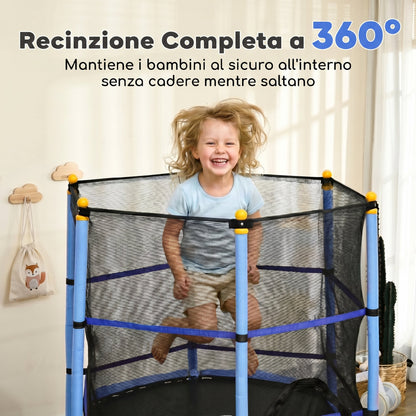 Trampolino Elastico per Bambini 1.6x1.9 m con Rete di Sicurezza e Pali Imbottiti, Età 3-10 Anni, Blu